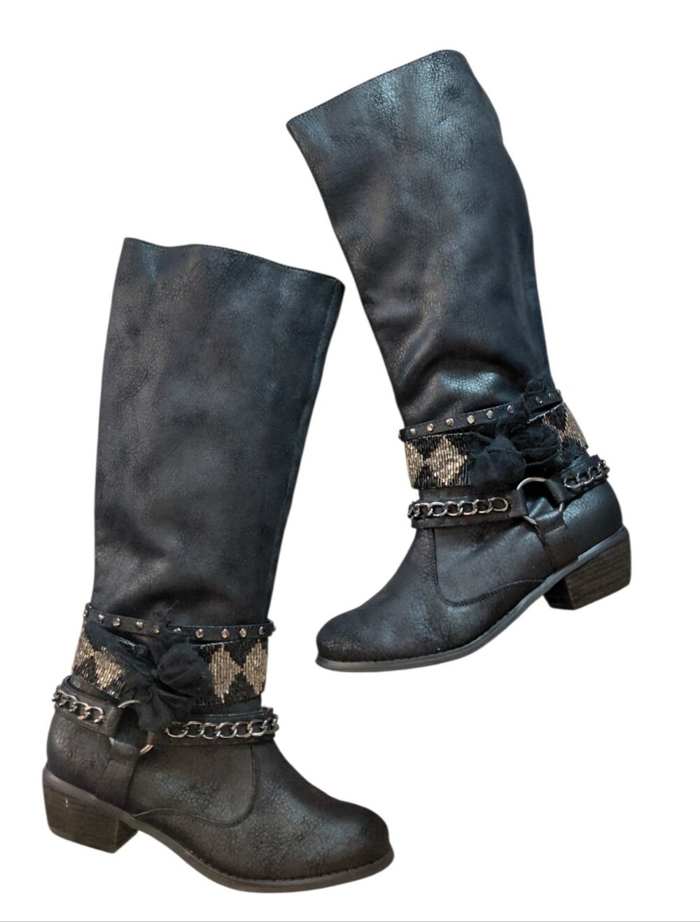 Not Rated Black Knee-High Boots Beaded And Chain Cuff Accent Size 8
